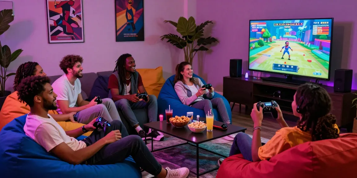 Interactive scene of friends enjoying a gay porn game in a vibrant gaming lounge atmosphere