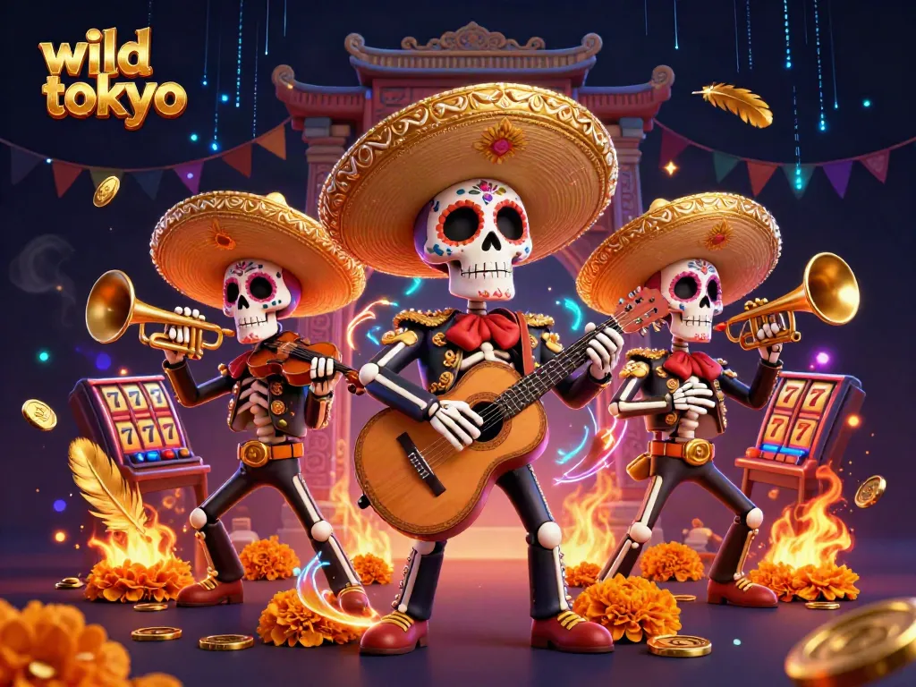 Engage with wild tokyo's vibrant gaming scene featuring a lively mariachi band amidst slot reels.