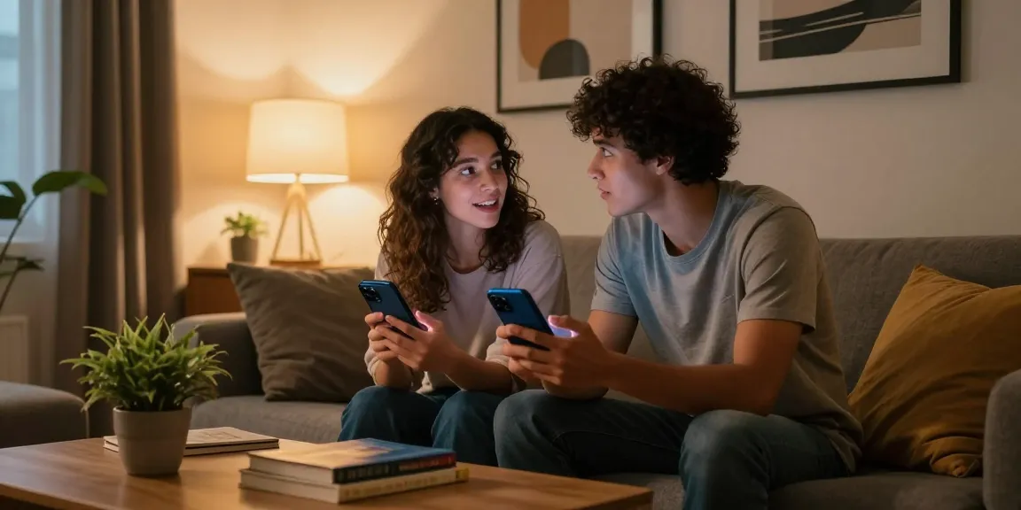 Couple enjoying a sex chat AI experience together in a cozy apartment.