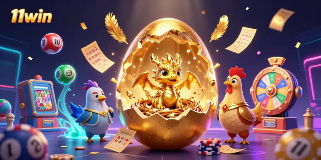 Experience the thrilling action of 11win with a golden dragon sitting on poker chips amidst colorful lottery elements.