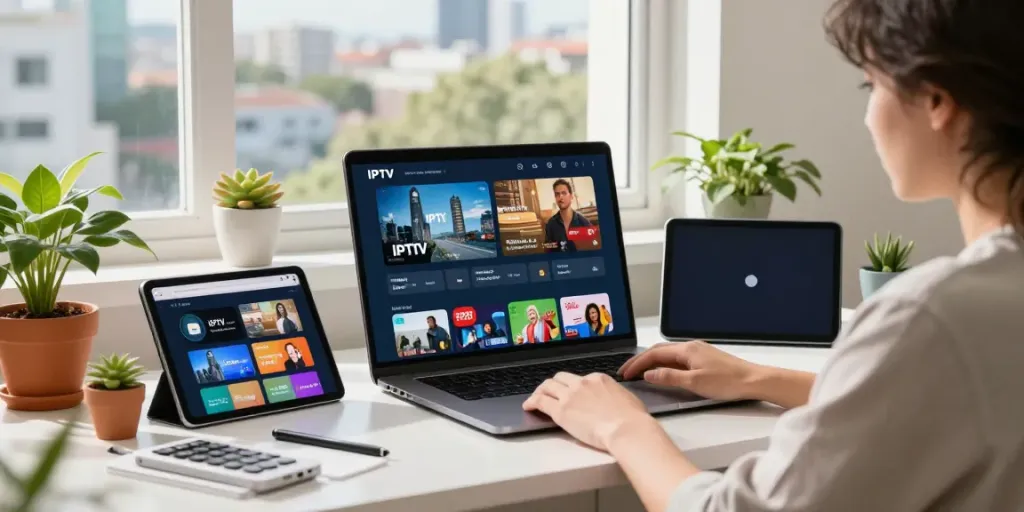 Testing IPTV quality on multiple devices in a bright home office.