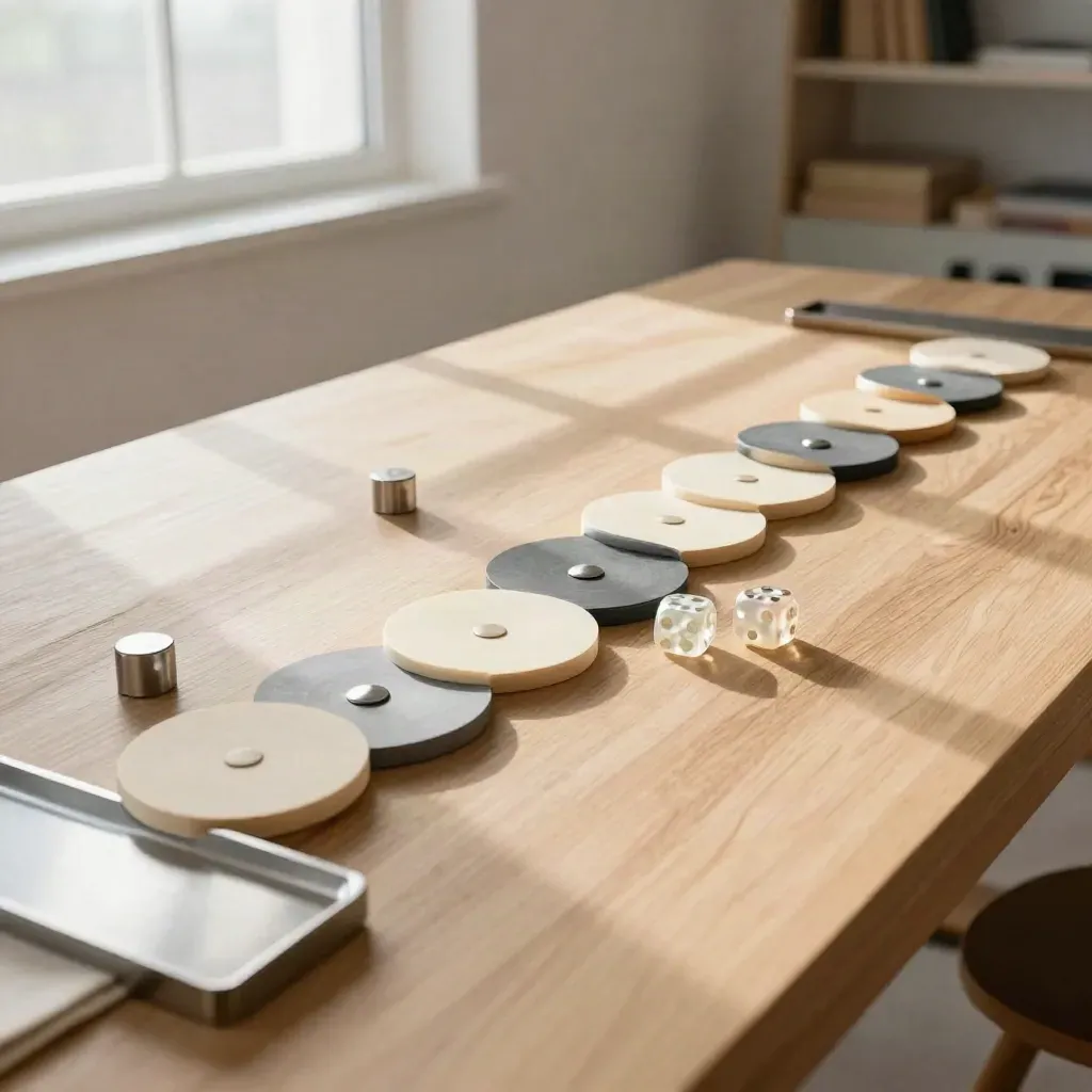 Tokens magnetici, dadi e sagome esagonali su board modulare in legno chiaro.