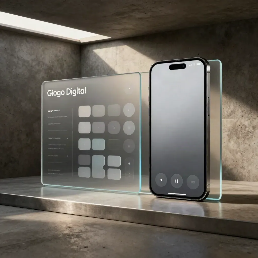 Mockup UI/UX con pannelli traslucidi, telefono finto e blocchi flusso in luce cinematica