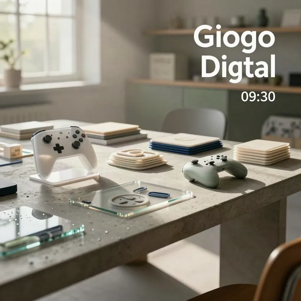 Installazione studio con prototipo mobile, controller in resina e tile UI su luce post-pioggia.