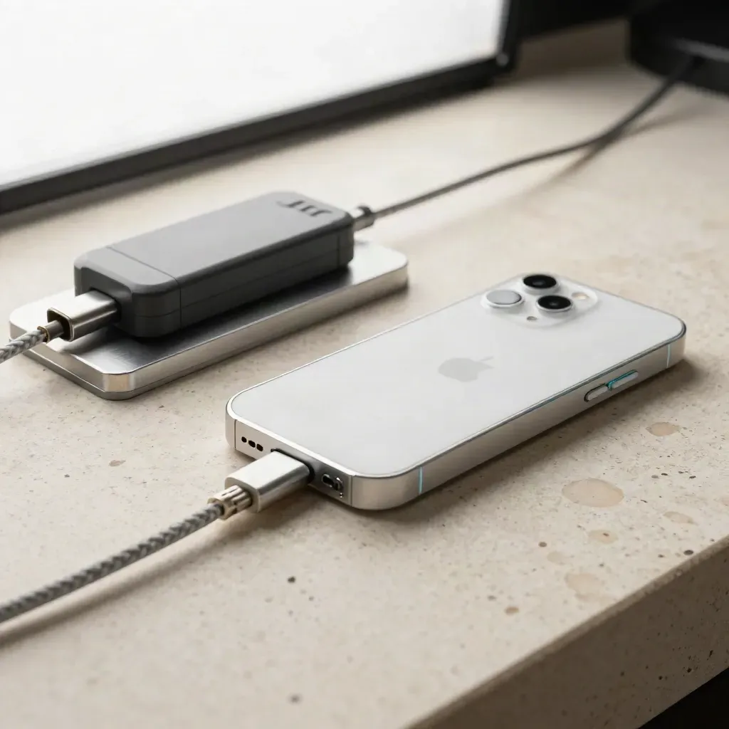 Prototipo smartphone bianco su dock di test, cavo intrecciato e batteria esterna su travertino.