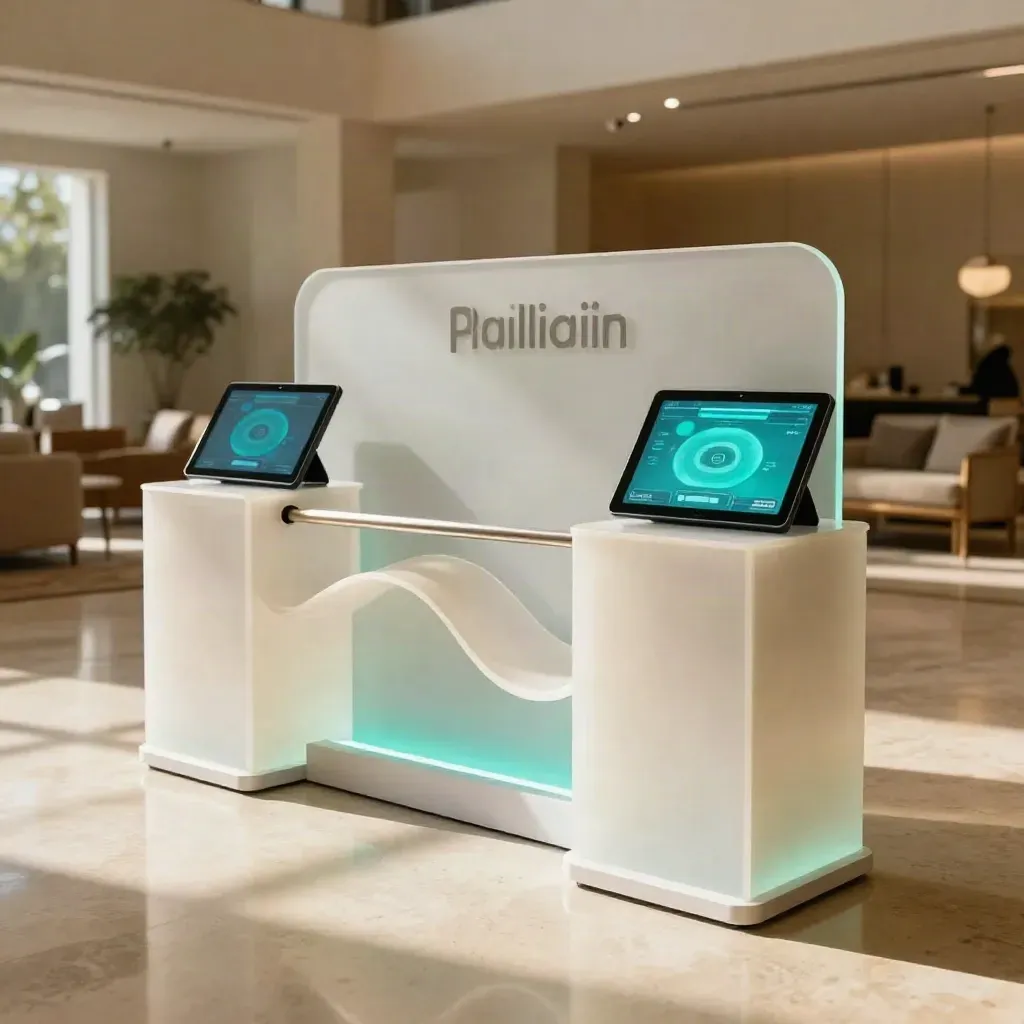 Installazione quiz brandizzata con due tablet su piedistalli opalini in una lobby luminosa