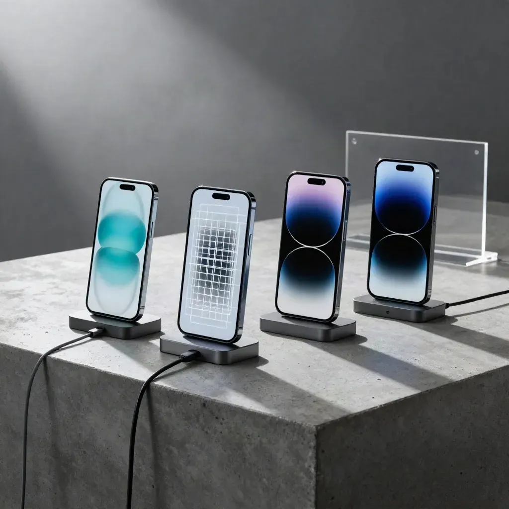 Quattro smartphone demo su supporti in diagonale, con interfacce astratte e luce fredda