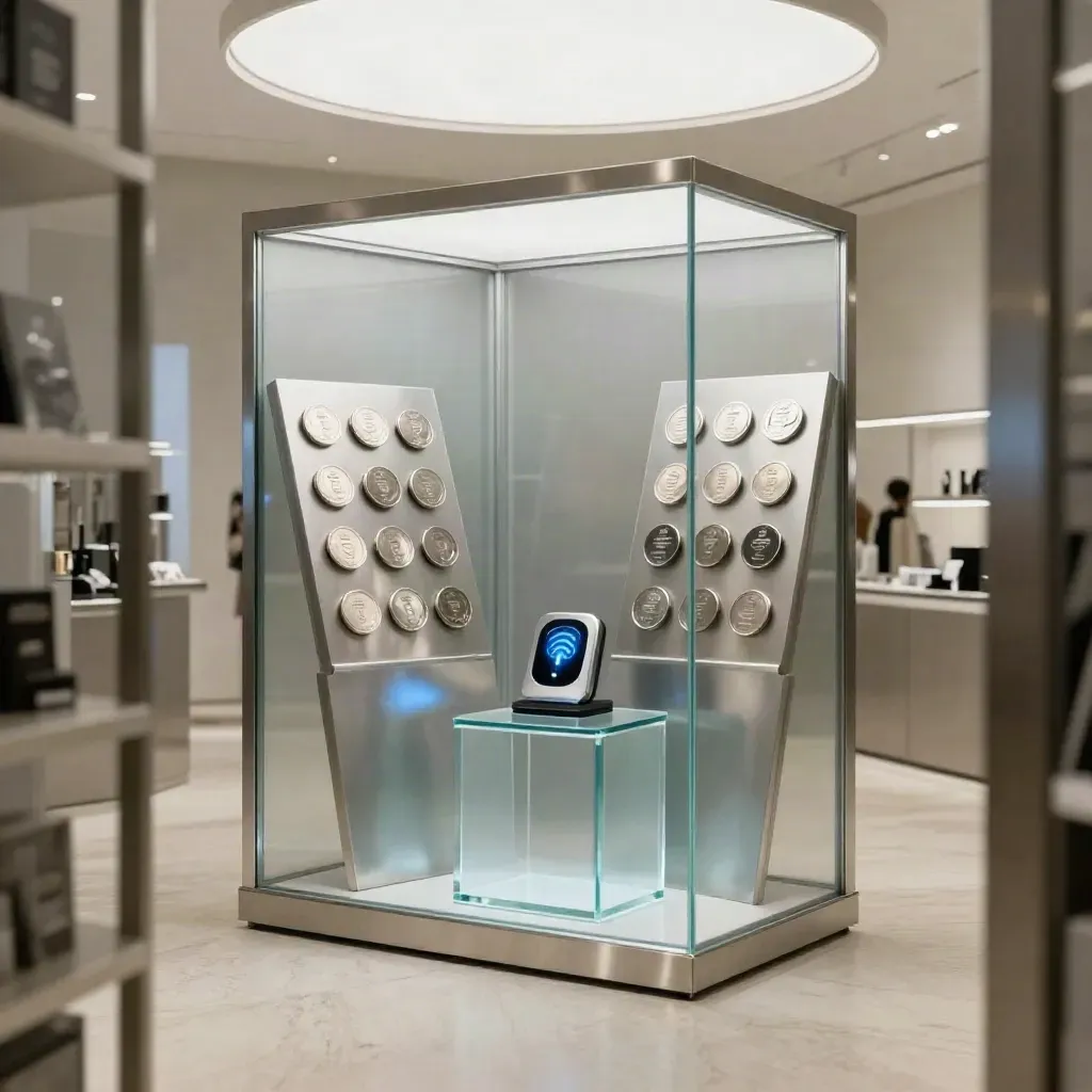 Corner retail con premi digitali, gettoni, badge, beacon NFC e podio in vetro satinato.