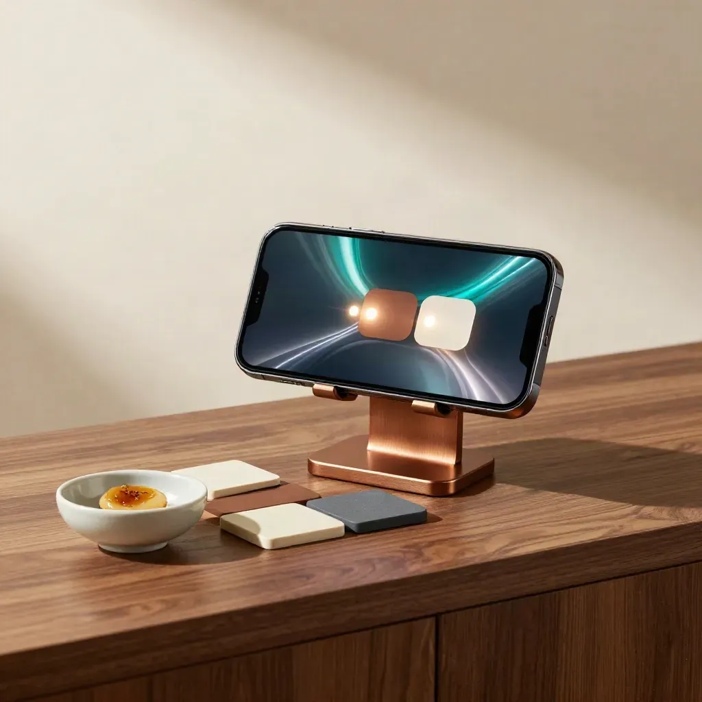 Telefono su stand con UI di gioco astratta, tessere colore e ciotola in ceramica su banco caldo.