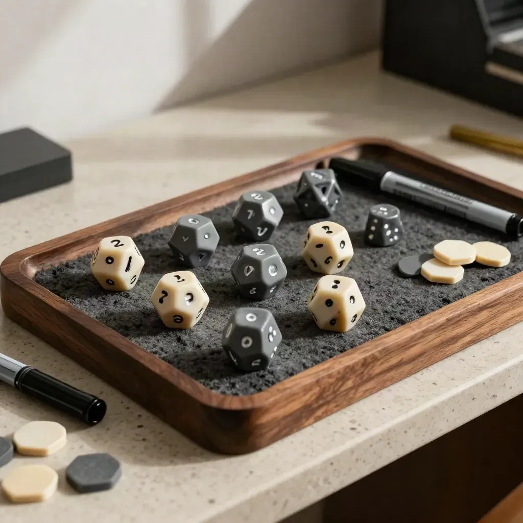 Dadi, miniatura modulare, marker e chip esagonali su vassoio in legno scuro, vista dall'alto.
