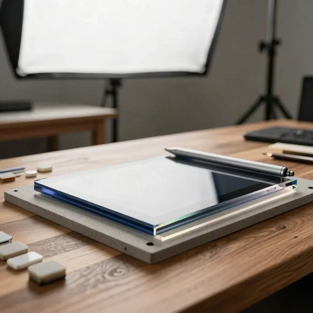 Campioni di interfaccia in acrilico, trackpad, stylus e pulsanti modulari su noce.