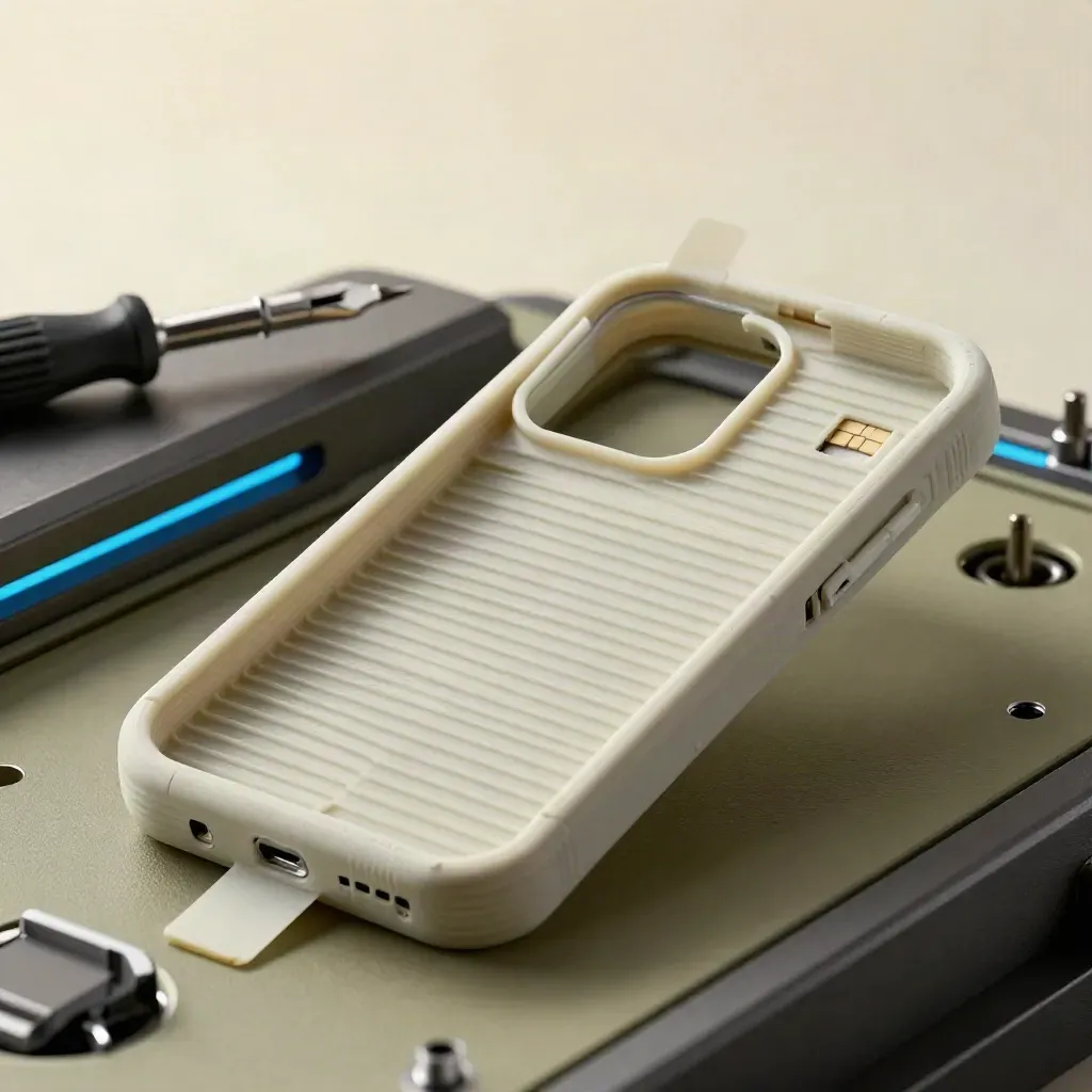 Scocca smartphone 3D su dock pogo-pin con microcacciavite e sim tray, macro materica.