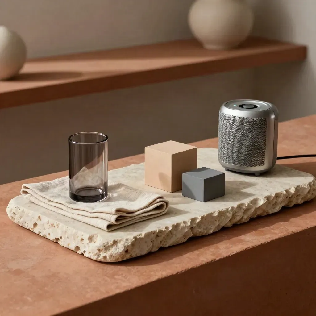 Still life di materiali creativi: pietra, lino, vetro fumé e speaker su fondo terracotta.