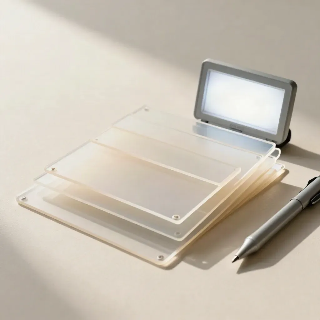 Livelli in acetato, blocchi flusso e penna fine su plaster chiaro con mini lightbox spento