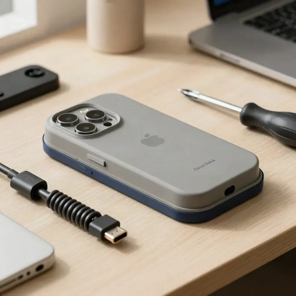 Scocca stampata, modulo batteria e dock di prova su legno chiaro, luce morbida laterale.