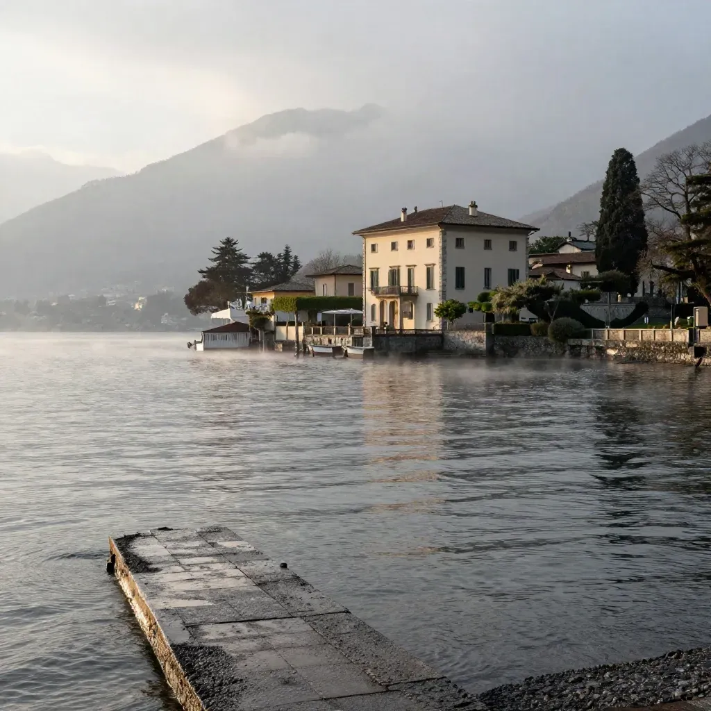 Villa sul Lago di Como tra foschia mattutina e acqua calma dopo la pioggia