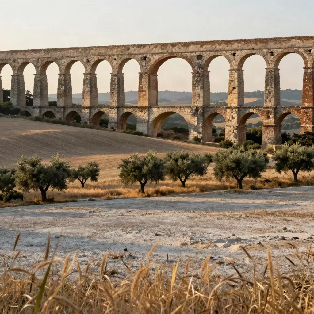 Acquedotti romani nella campagna laziale al tramonto, campi quieti e foschia calda.