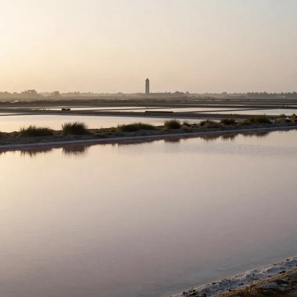Saline di Cervia al mattino con acqua rosa, canneti bassi e campanile nella bruma