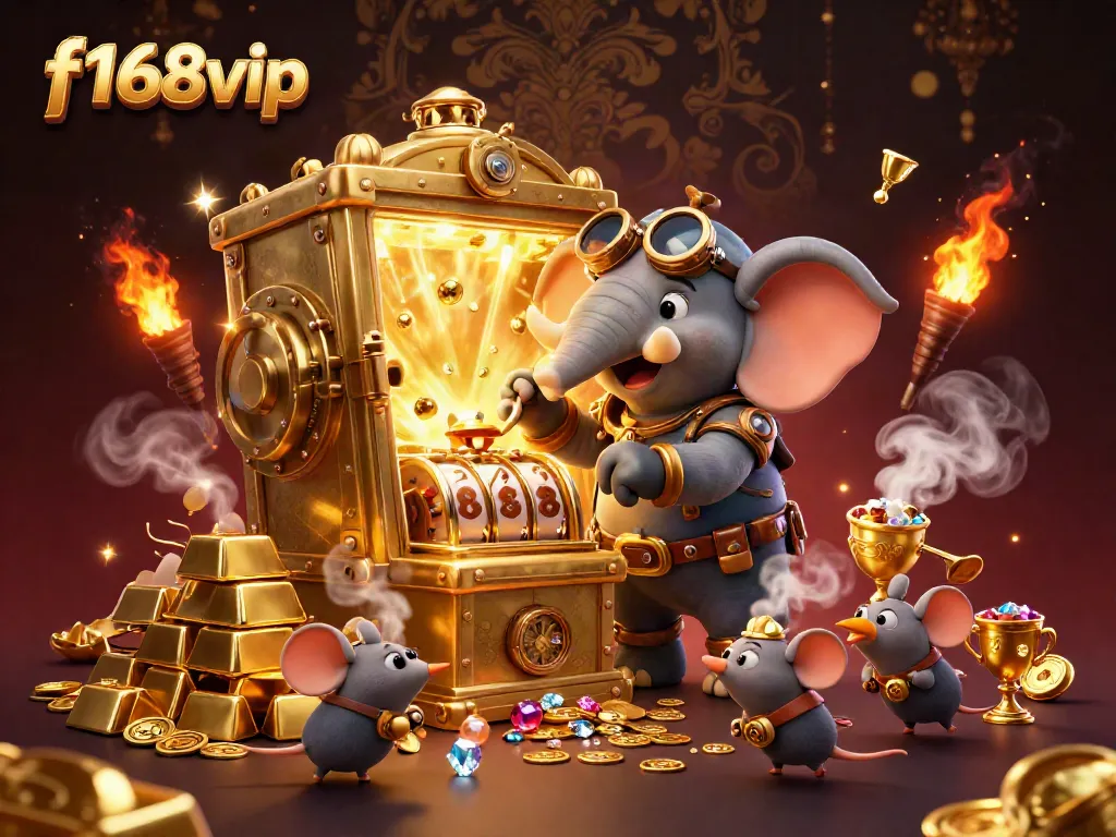 Activate winning spins with f168vip in a vibrant casino setting with steampunk characters and treasure.