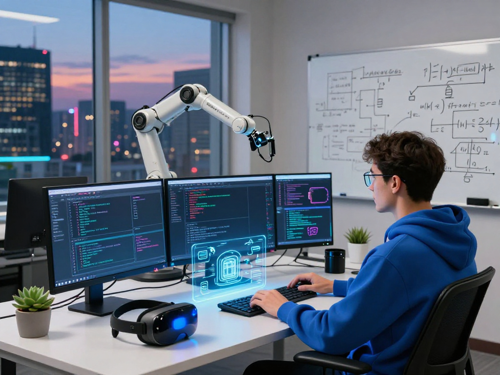 Engineer working with hot ai tools in a futuristic workspace