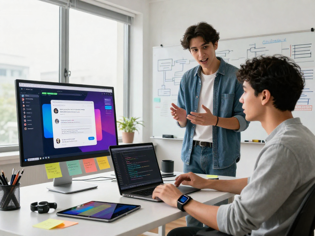 Engaging discussion about spicy AI chat in a dynamic tech workspace with digital tools and collaborative elements.