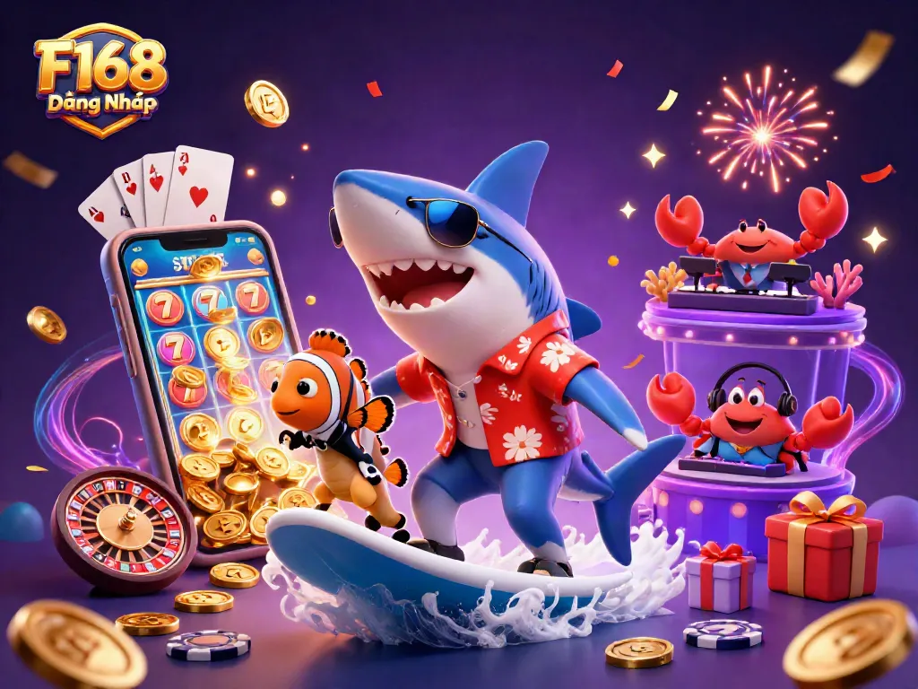 Experience the thrill of F168 Đăng Nhập with a vibrant casino scene featuring dynamic characters, games, and excitement.